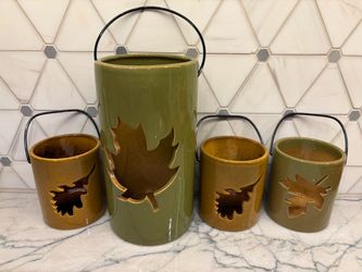 New 4 piece set ready for Halloween / fall / or Thanksgiving! Glossy ceramic lantern set; gift giving condition
