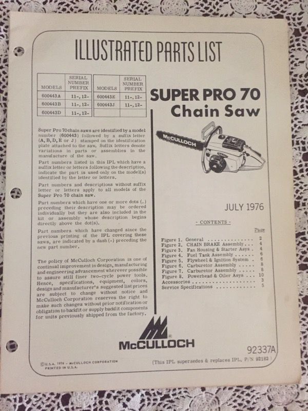 McCulloch chainsaw Super Pro 70 pamphlet