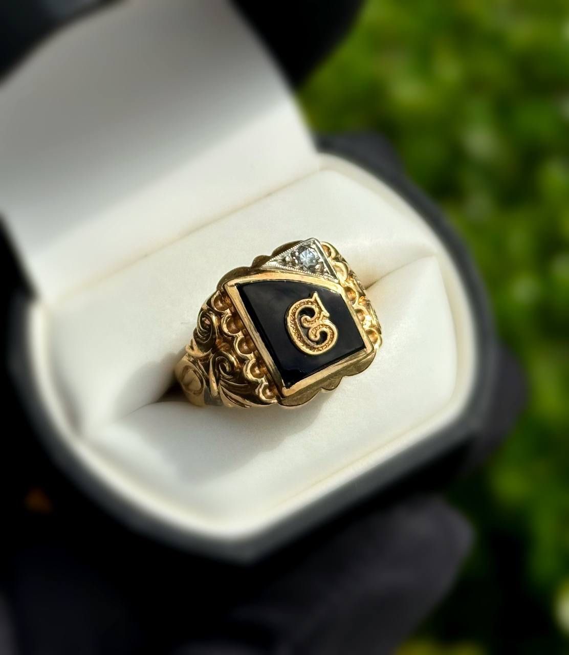 Jewelry 14k solid yellow gold natural diamonds Onyx 0.81CTW letter G ring size 12.75