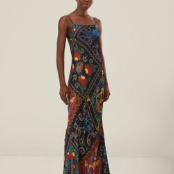 Farm Rio Black Mixed Arabesque Scarves  Party Maxi Dress Size M NEW