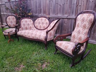 VICTORIAN Late 1800s hand carved Sofa ,rocking chair and antique chair with marble wine top table hand made set