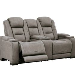 The Man-Den Gray Power Reclining Loveseat with Console

