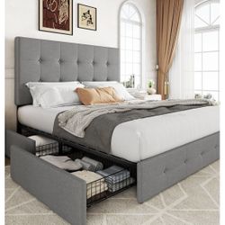 Queen Sized Grey Bed frame With 4 Drawers