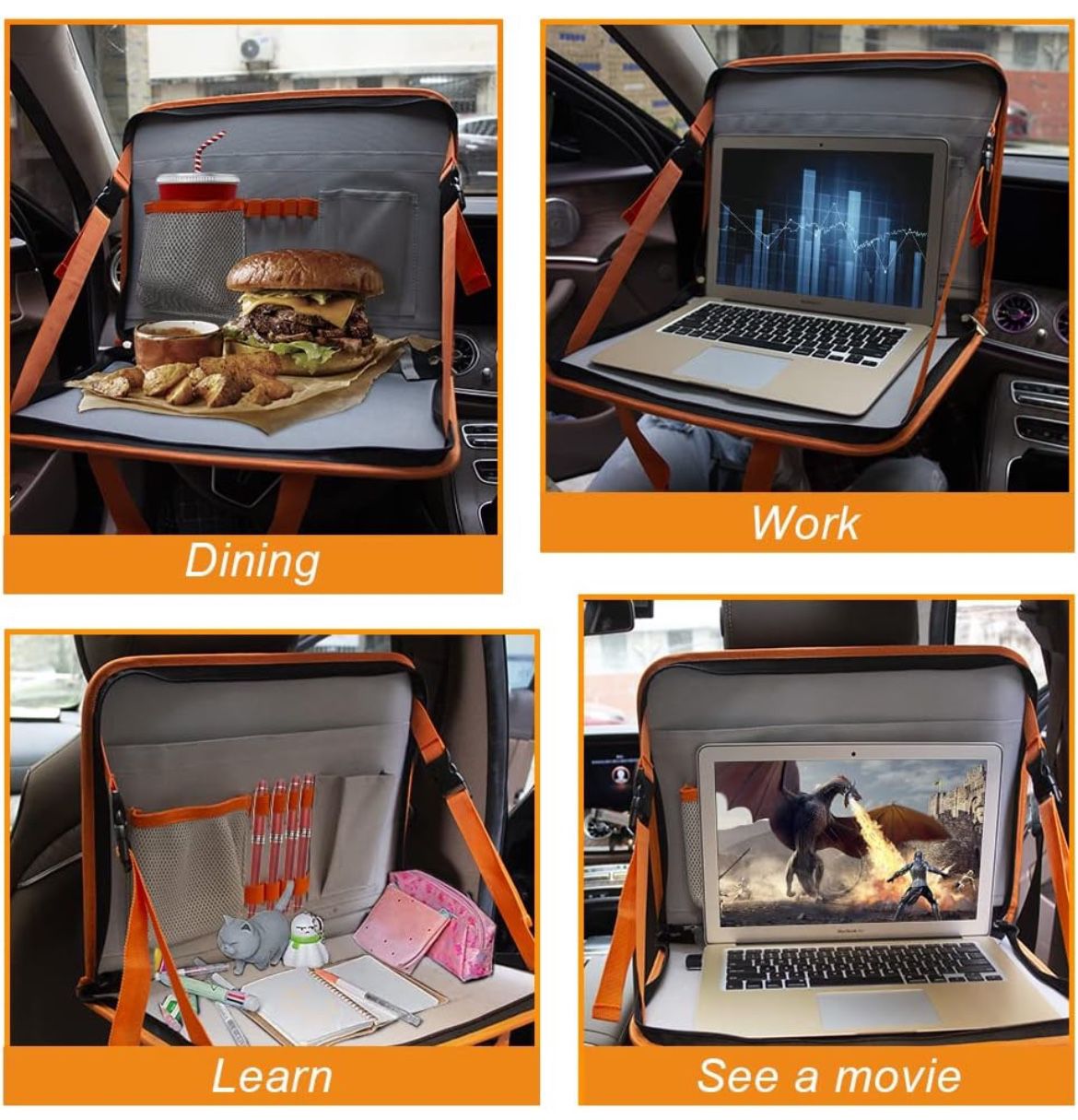 Multifunctional Auto Steering Wheel Desk, Steering Wheel Eating Tray, Car Backseat Organizer with Tablet Holder for Writing Laptop Dining Food Drink W