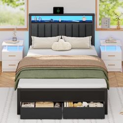 Full Size Bed Frame with Charging Station and LED Lights, Grey Upholstered Headboard with Shelves, Metal Platform Bed with 2 Under-Bed Storage (Fabric