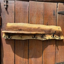 Live Edge. Black Walnut. Fractal And Burnt. Shelf & Coat Hanger 