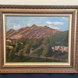 Fantastic Midcentury Mountain Cityscape Oil Painting by Flavia Maier