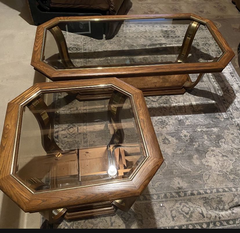 Set Of 2 Tables: Coffee Table and End Table Wood & Glass