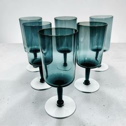 Set of 6 Teal Blue Stem Wine Glasses Modern Tinted Glass Goblets