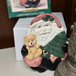 Vintage Earthenware Dish Santa with Bear