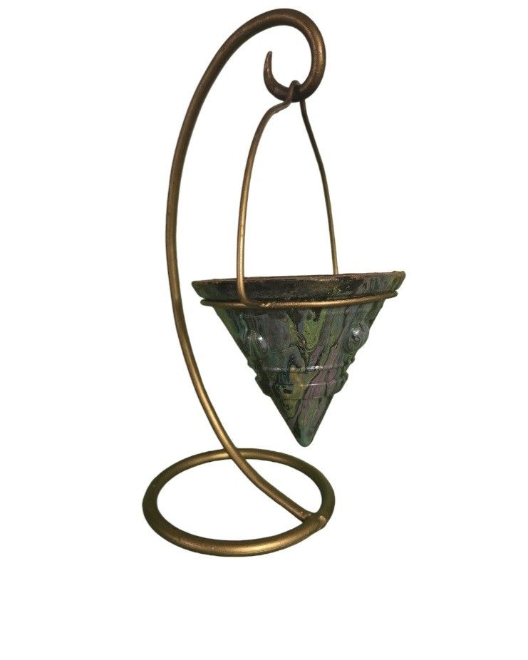 hanpainted suspended glass candle holder or planter with metal stand copper teal