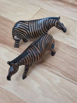 2 African Hand Carved Wooden Zebras