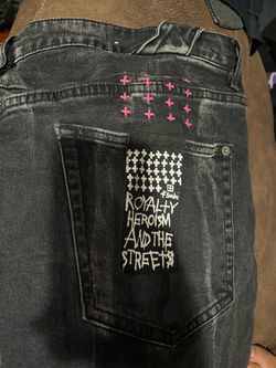 Ksubi Black Denim Jeans with Pink Cross Embroidery