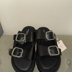 Christian Di Riccio Women's Black Leather Slip-On Sandals with Buckle size 8