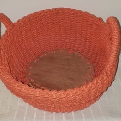 Vintage Orange Rope Basket with Wooden Base and Handles