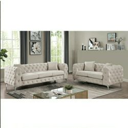 3 Piece Sofa Set Beige Velvet Like Fabric Steel Legs Firm Price $1,800 Financing Available 