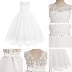 Girls White Flower Girl/First Communion Dress - Size 8