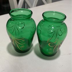 Vintage Czech Emerald Green Glass Bud Vases 