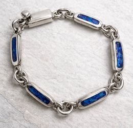 Vintage Mexico 925 Sterling Silver Blue Opal Inlay Link Bracelet Box Clasp TH-26