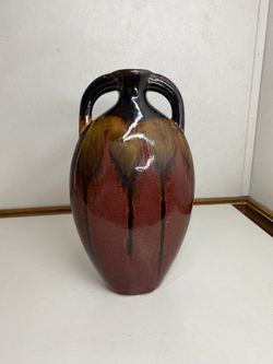 GLAZED MULTI BROWN POTTERY VASE 11" TALL