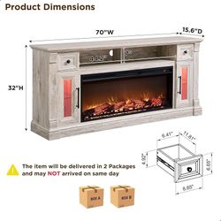 Fireplace TV Stand for 80 Inch TV - Farmhouse Entertainment Center with 42" Electric Fireplace & LED Lights, Wood Media Console with Storage Drawers &