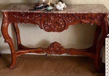 Carved Wood Console Table with Marble Top