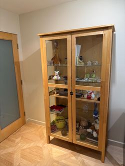 Display case with glass shelves and sides