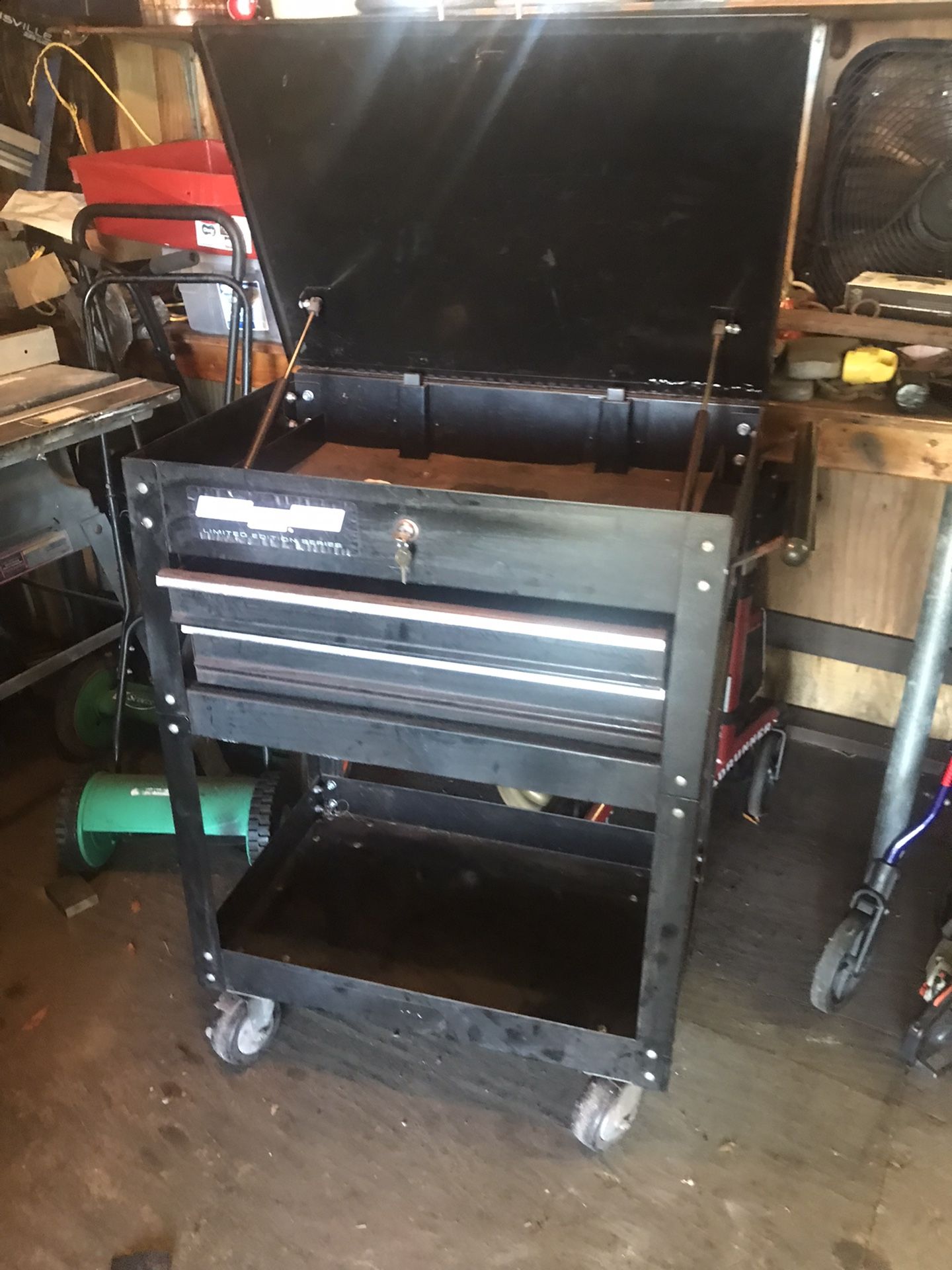 Rolling Toolbox Mechanics Cart USA Channel Lock 42” High 30” Wide Keys Drawers Have Ratchet Sets & Open End Wrench Sets Will Separate