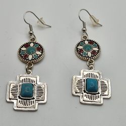 Silver and Turquoise Cross Earrings 