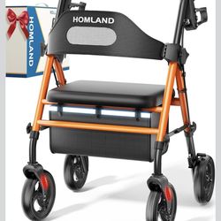 HOMLAND Foldable Rollator Walkers with Seat for Seniors, 8'' Big Wheels, 350 lb. Weight Capacity, Adjustable Handles and Seat Height, Lightweight Roll