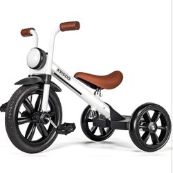 KRIDDO Kids Tricycle, 12 Inch Puncture Free Wheel w Front Light, Adjustable Seat Height, Gift for 2-5 Year Olds, White