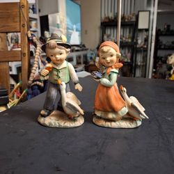 Ceramic Hummel Like Figurines With Ducks "Alpine Children" Model F-468 Set Of 2 Vintage 5.5"H & 6"H