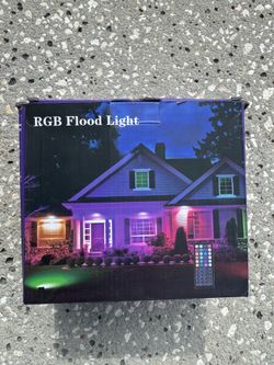 an RGB LED flood light package featuring a remote control for color customization.