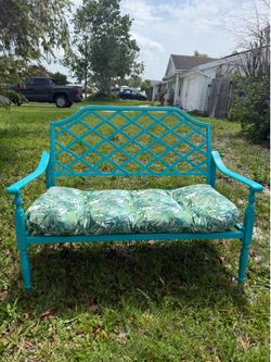 Refinished Coastal Bench with New Tropical Cushion – Indoor/Outdoor