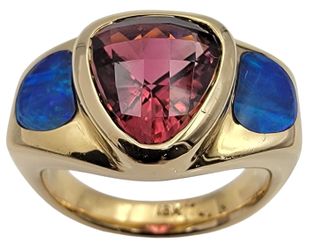 18k Yellow Gold Rubellite and Opal Ring