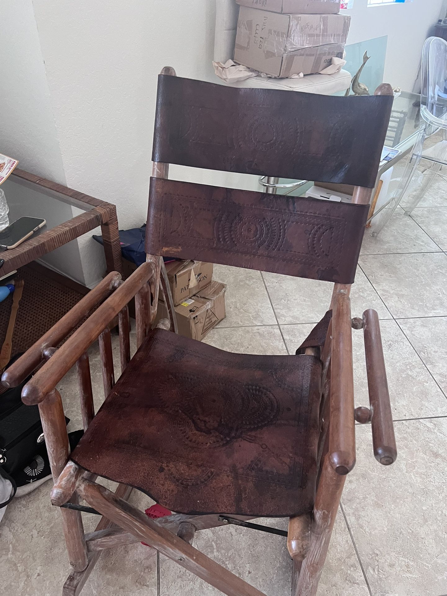 Vintage Leather And Wooden Rocking Chair