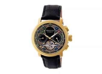 HERITOR Aura 44mm Gold Stainless Steel Case Black Leather Semi-Skeleton Men