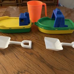 Beach or Pool Toys - 2 Toy Boats, 2 Shovels, and 1 Bucket with Handle