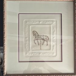 Vintage Signed Etching Of Carousel 🎠 Horse By David Olson 12.5” X 14.5” With Gold Wood Frame. 