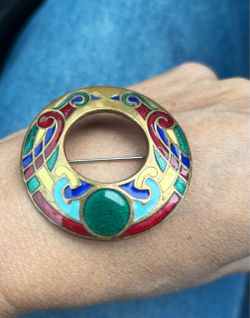 Antique hand enameled Celtic Tara-style open brooch/shawl pin