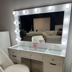 Vanity Table + LED Mirror Set