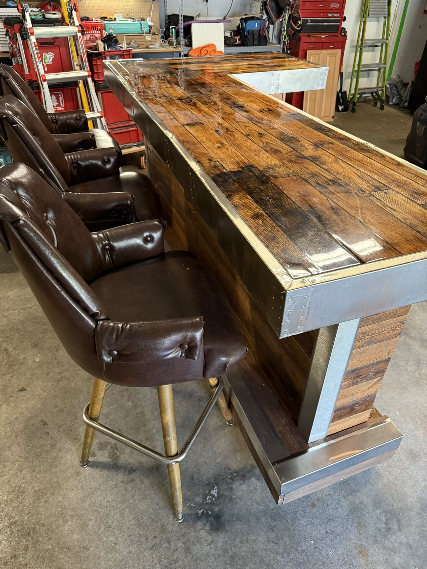 Custom Bar 97” x 49” x 43 - 1/2” tall on castors w/3 ea 30” high back bar stools