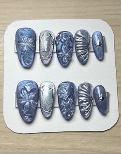 Handmade Blue Cat Eye Gel Press On Nails (Size Small)