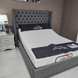 Queen Bed Grey Tufted Linen Display 