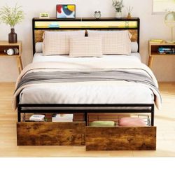 Zevemomo Full Bed Frame with Storage Drawers, Bed Frame Full Size with Headboard, LED Light, Charging Station with 3 USB Ports & 1 Type-C Port, Noisel