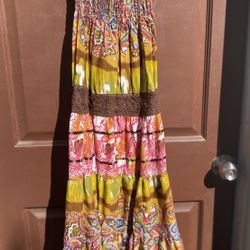Boho Mixed Print Smocked Strapless Sun Dress M.