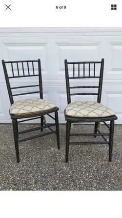Pair of vintage chinoiserie painted petite and ballroom chairs silk pads asian