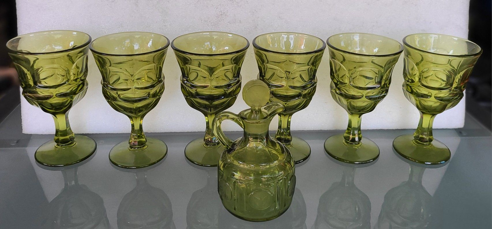 Vintage Fostoria Argus Green Henry Ford 1960s Wine Water Goblet Set of 6 & vinegar cruet bottle.