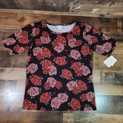 LulaRoe Gigi Black Top Pink/Red Roses Flowers Womens 3XL XXXL