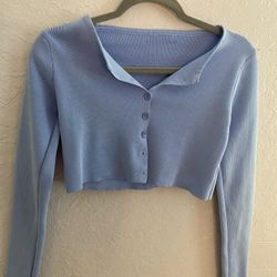 Blue Cropped Long Sleeve With Adjustable Buttons Size M 